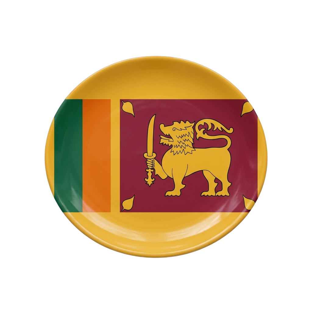 Yellow plate featuring Sri Lanka flag with lion emblem and green, orange, and maroon stripes