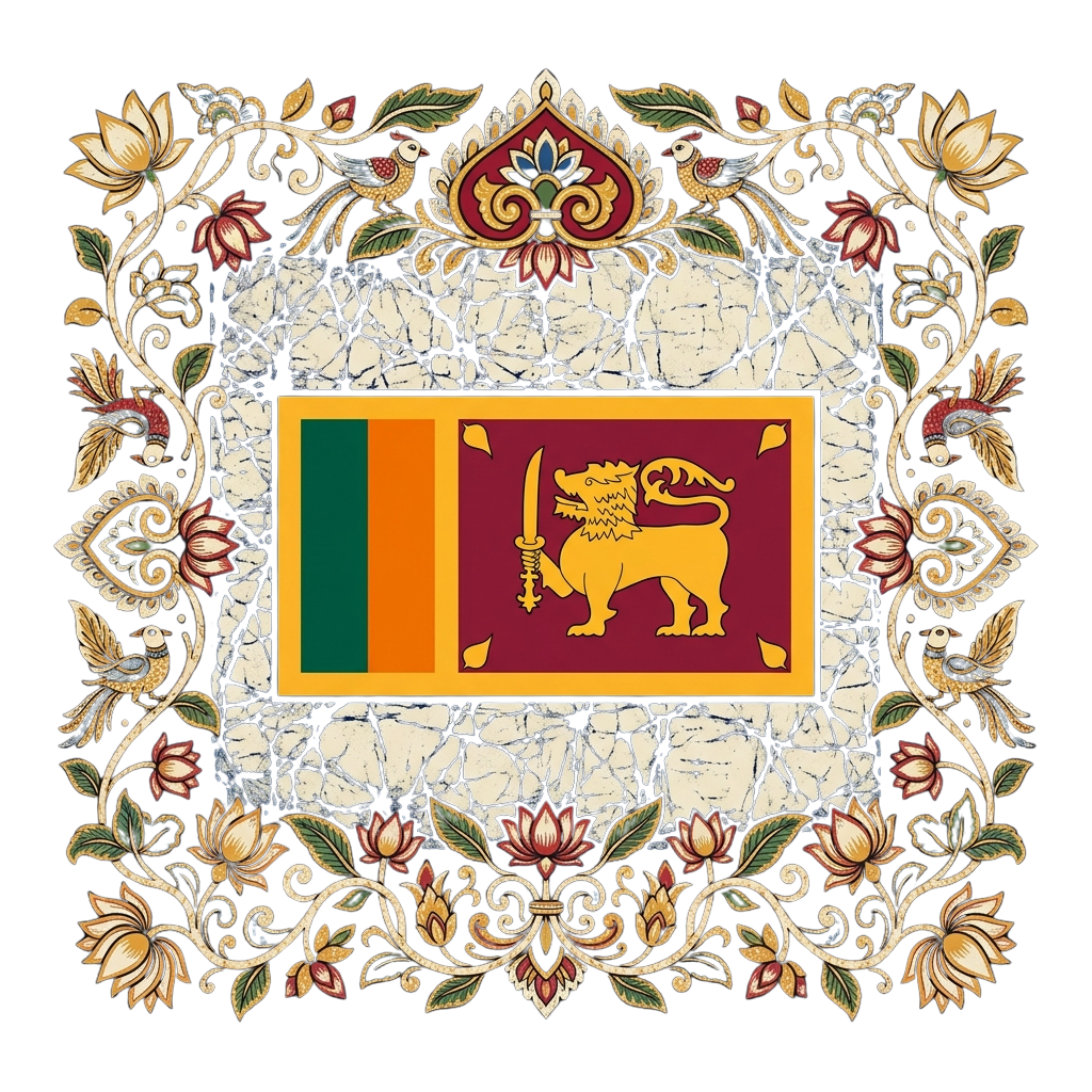 Sri Lanka flag featuring green, orange, and gold stripes with a lion emblem, framed by intricate floral and paisley patterns.