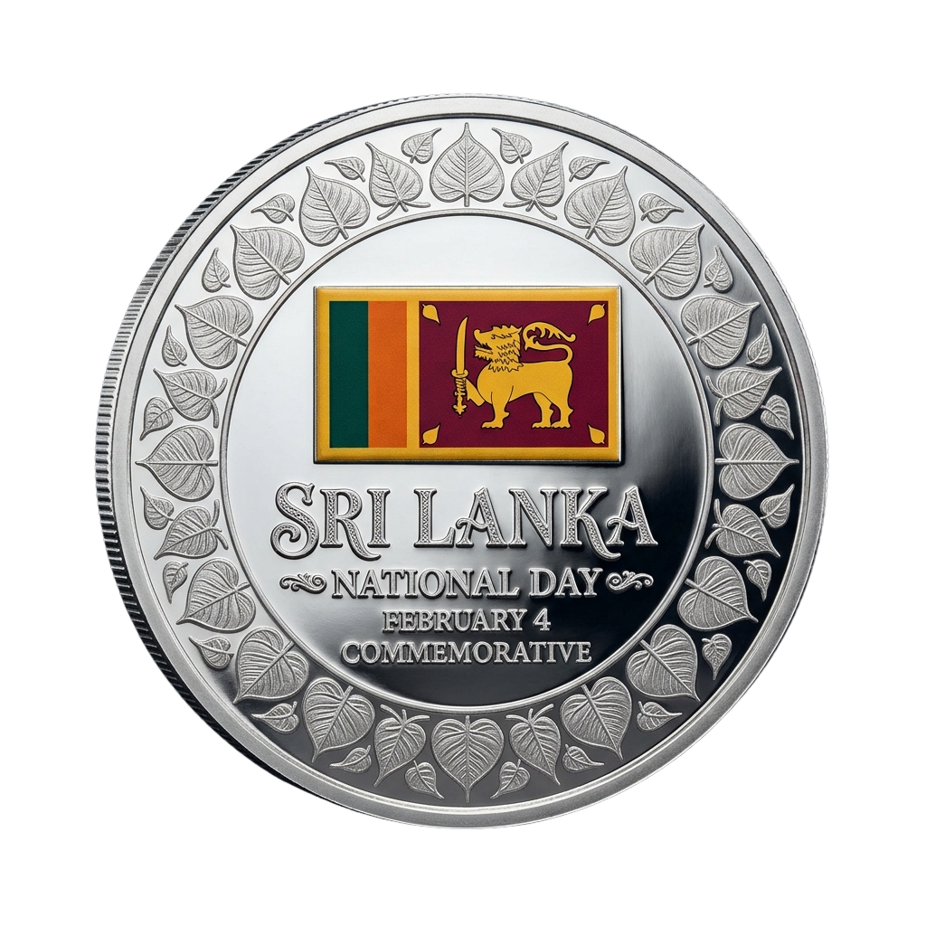 Silver coin commemorating Sri Lanka National Day with flag, lion emblem, and leafy border