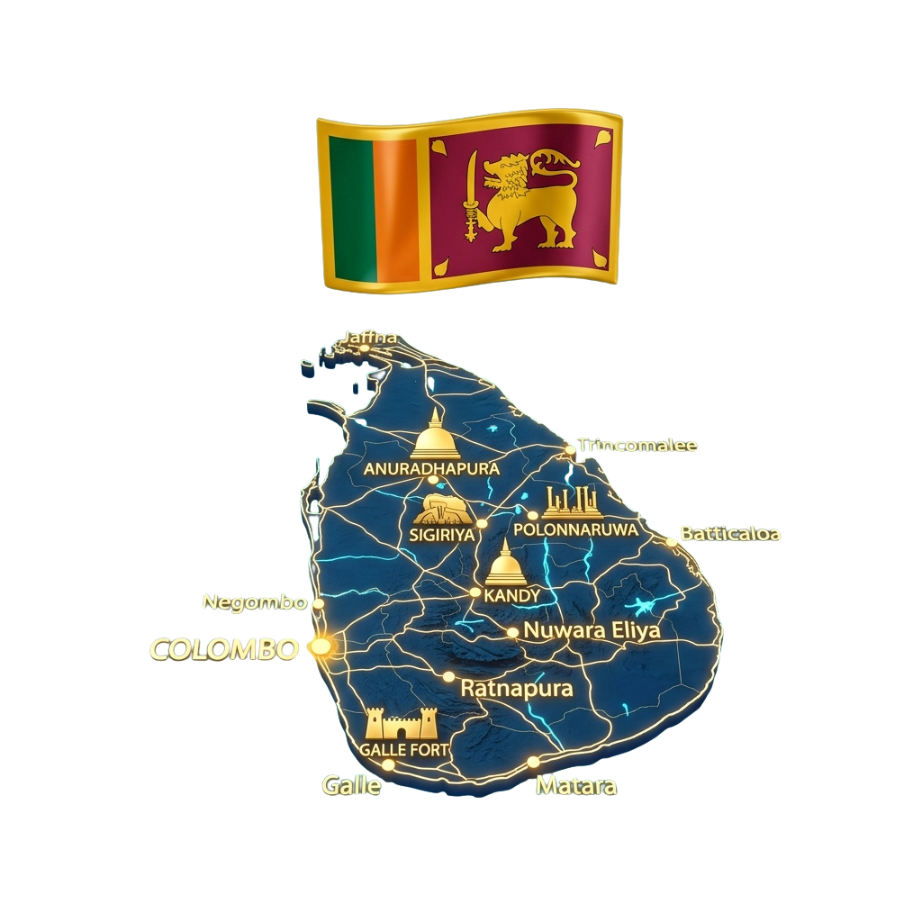 Illuminated map of Sri Lanka showing key cities like Colombo, Kandy, and Galle with notable landmarks
