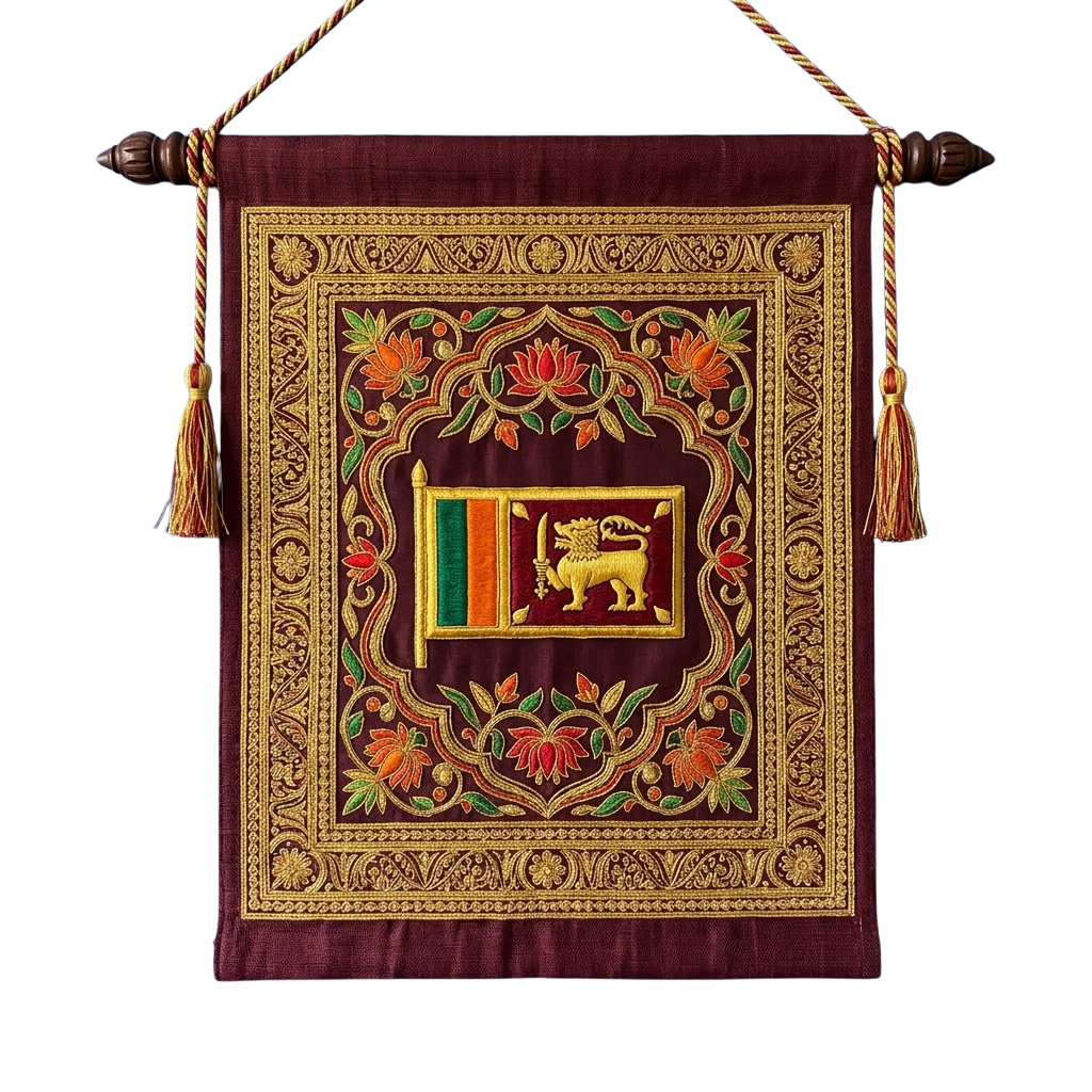 Embroidered wall hanging featuring Sri Lanka flag with lion emblem and floral patterns in a rich frame
