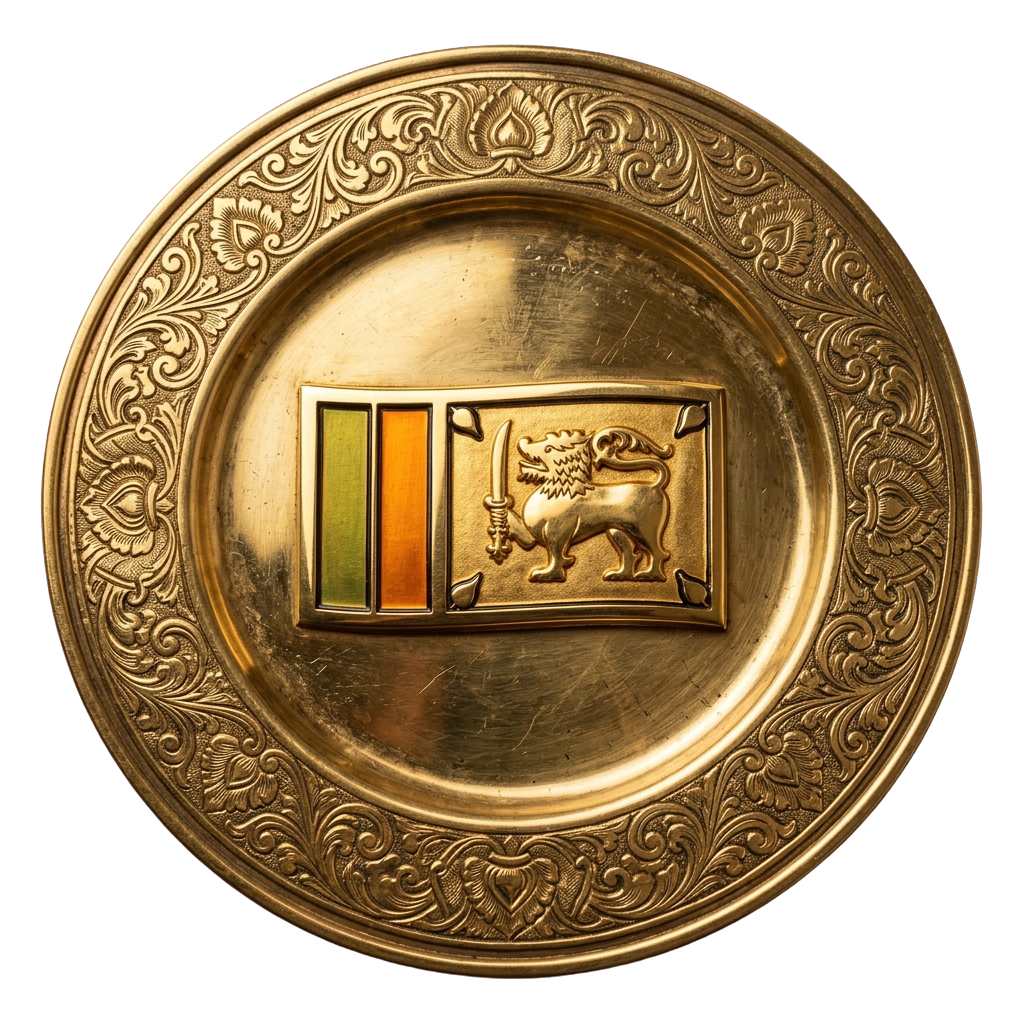 Decorative brass plate featuring a lion emblem and three vertical colored inlay sections.
