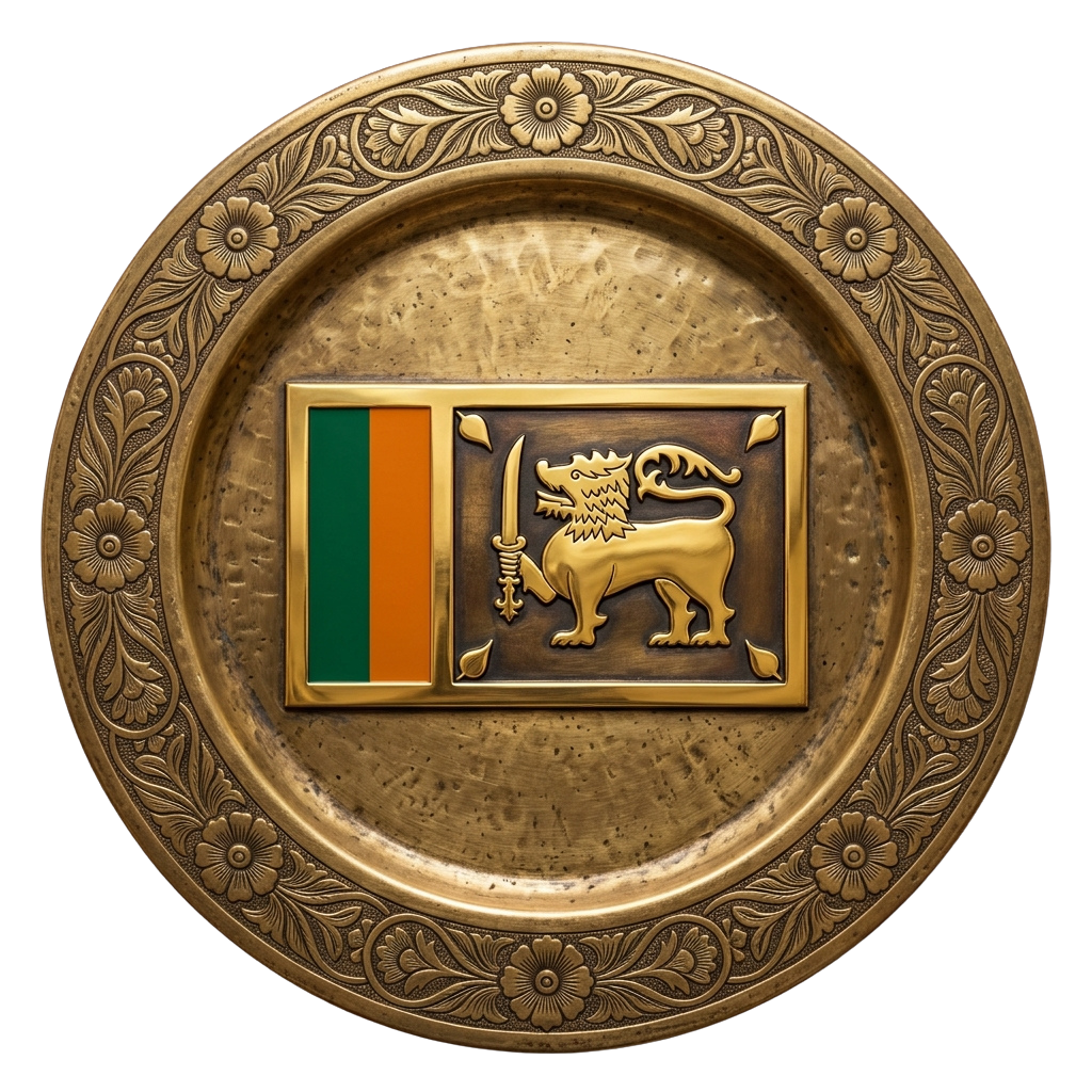 Decorative plate with Sri Lanka flag and golden lion emblem in center, surrounded by intricate floral designs