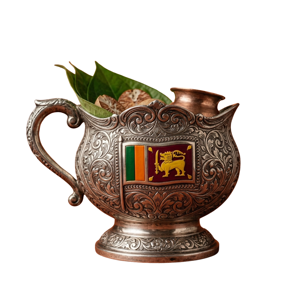 Decorative brass pitcher featuring intricate carvings and a Sri Lankan flag with lion emblem