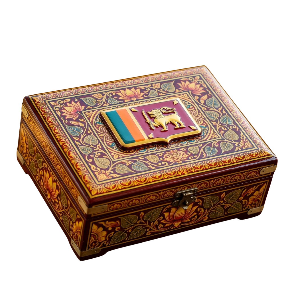 An intricately designed wooden box featuring floral patterns and a gold lion emblem on a colorful background