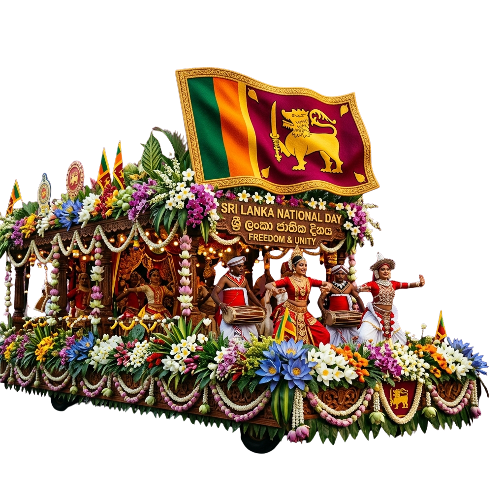 Colorful parade float celebrating Sri Lanka National Day with dancers and national flag