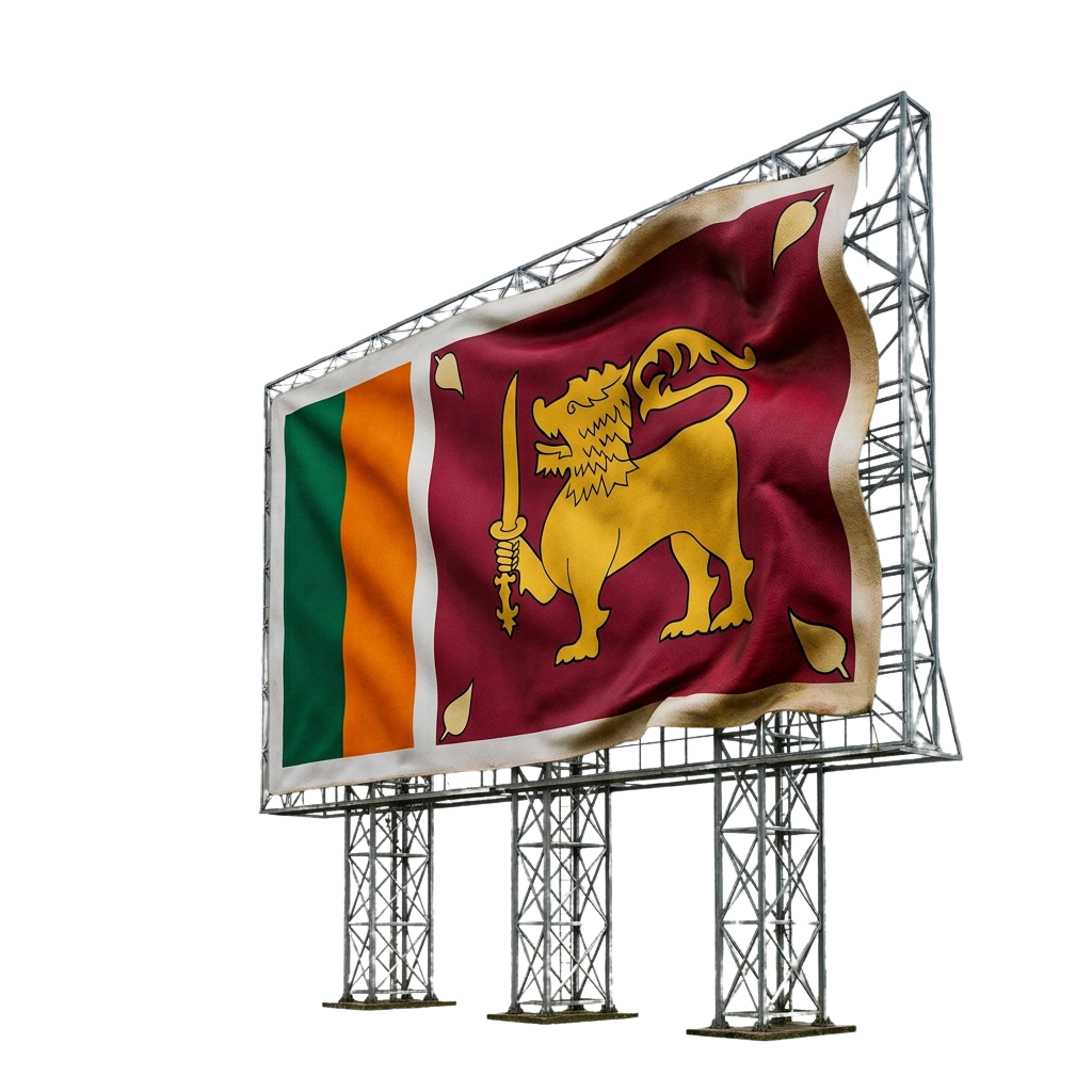 Large billboard displaying the Sri Lanka national flag with lion emblem and green, orange, and maroon stripes