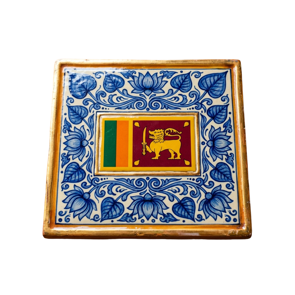 Ceramic tile featuring the Sri Lanka flag and lion emblem framed by blue floral designs