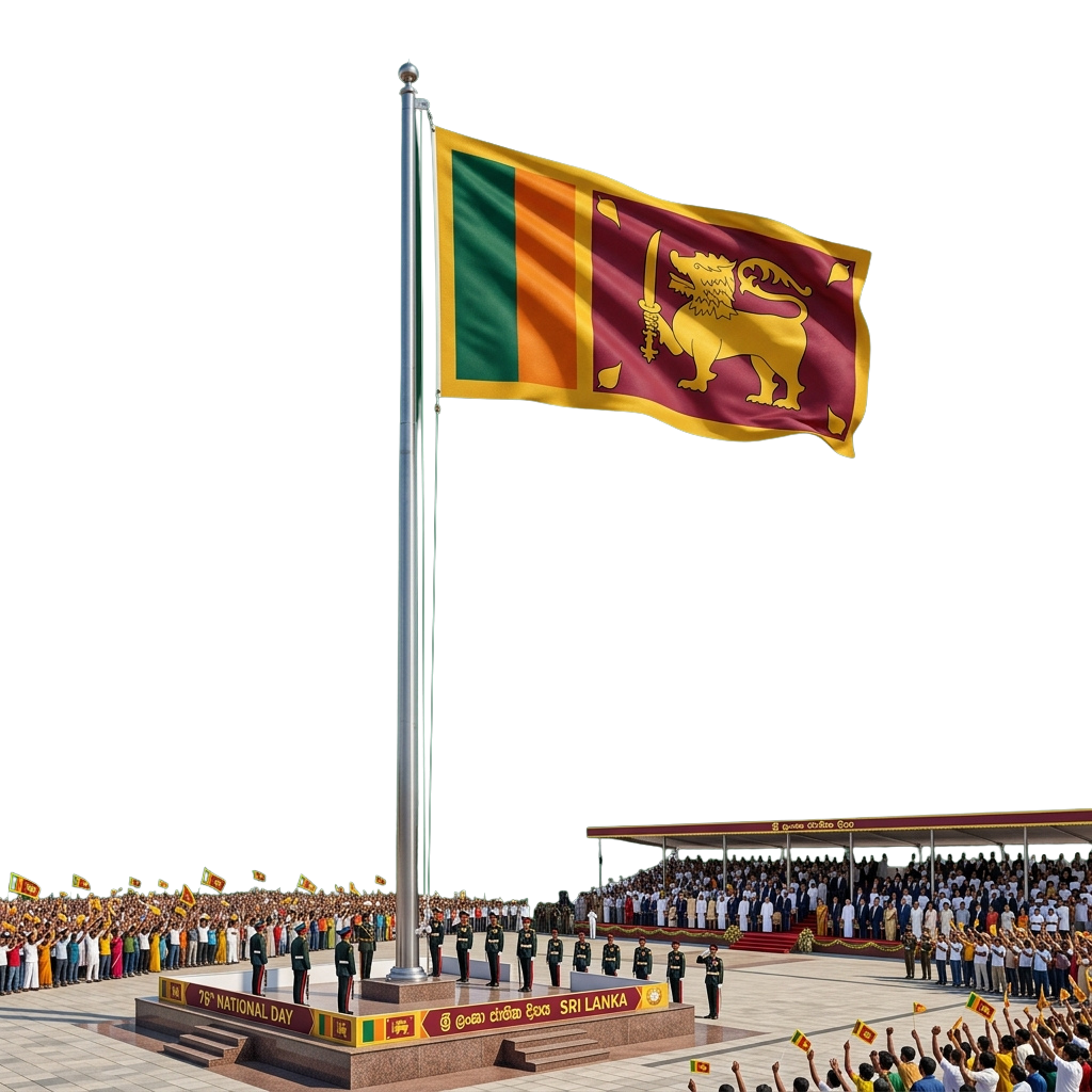 Sri Lankan national flag waving prominently at a large outdoor ceremony with crowds and uniformed personnel.
