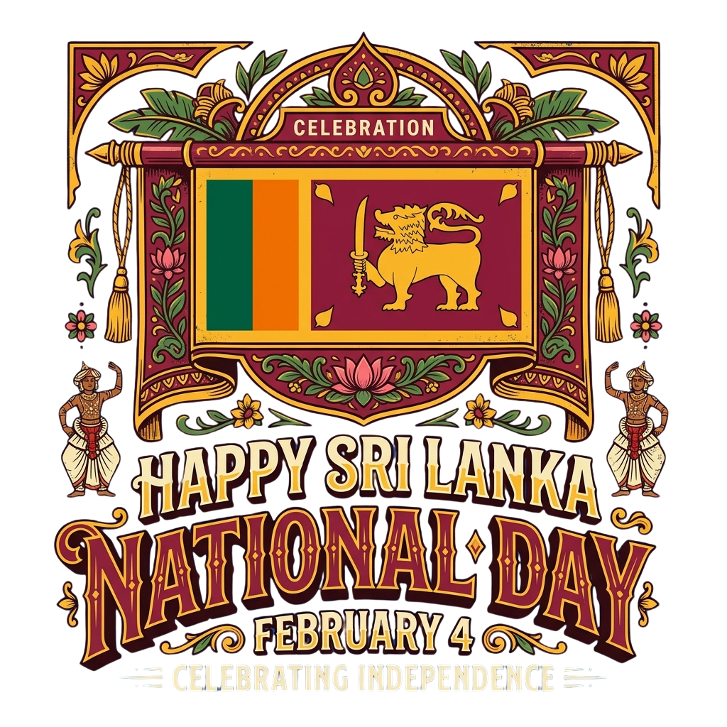 Sri Lanka National Day poster featuring flag, lion emblem, and celebratory text for February 4 independence