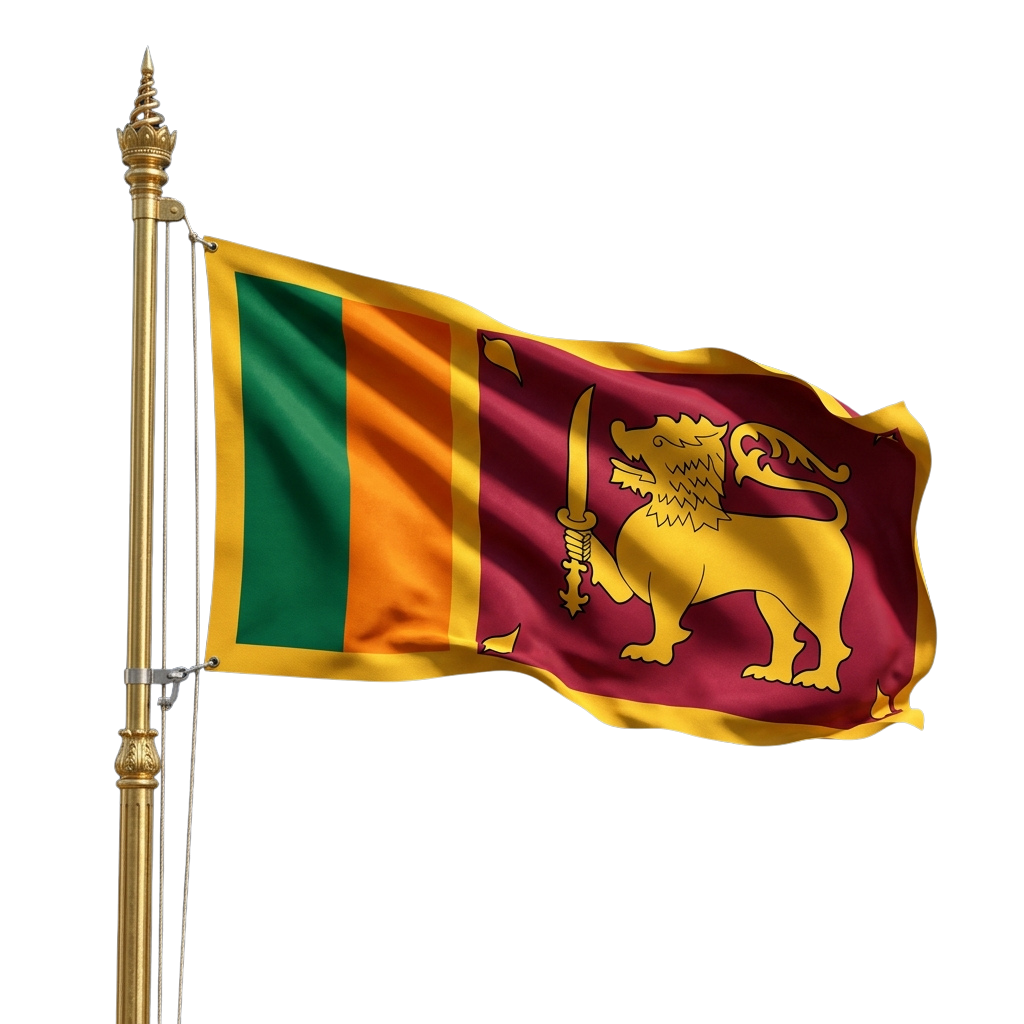 Sri Lanka flag waving on a pole featuring green, orange, yellow stripes and a maroon field with a golden lion holding a sword