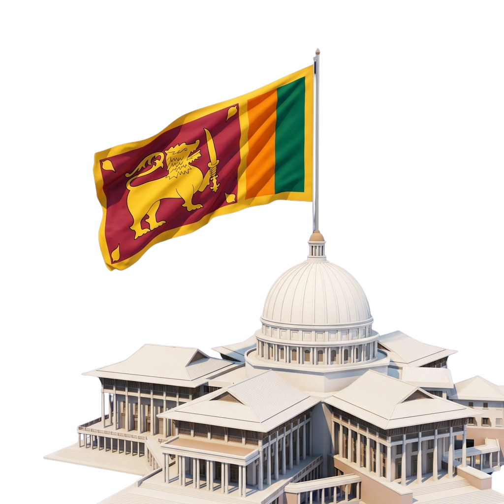 Sri Lankan flag with lion emblem waving in front of a grand dome-topped government building