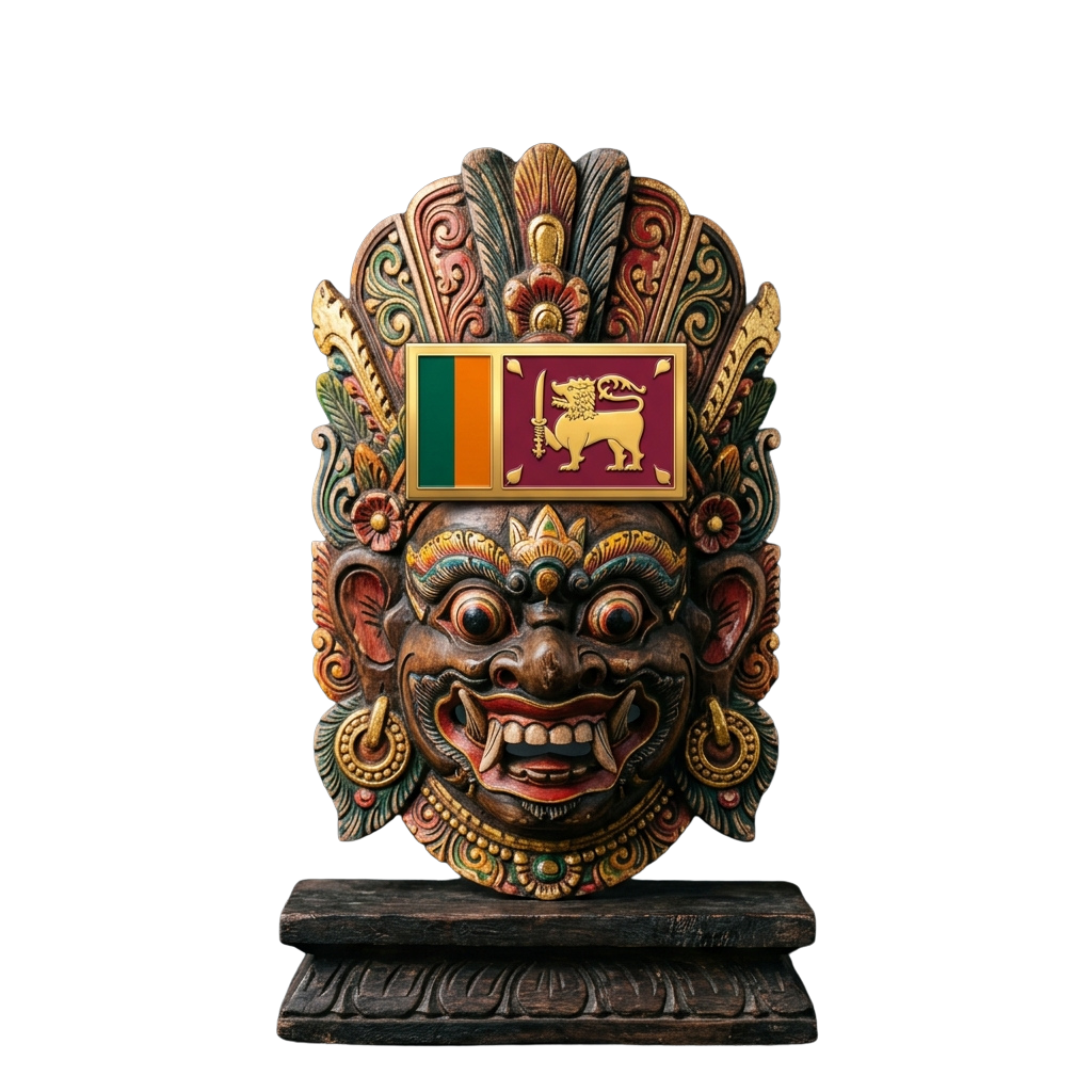 Colorful wooden mask with intricate designs and a Sri Lankan flag placed above it