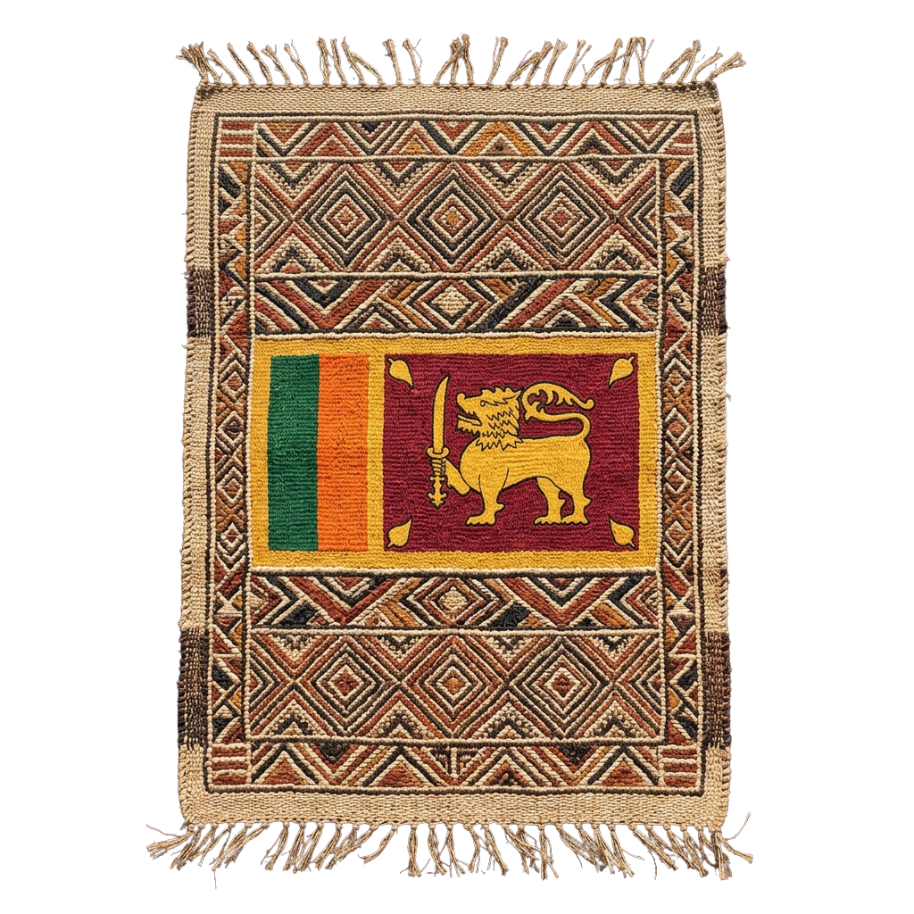 Handwoven rug featuring Sri Lanka flag with lion emblem in center, surrounded by geometric patterns.