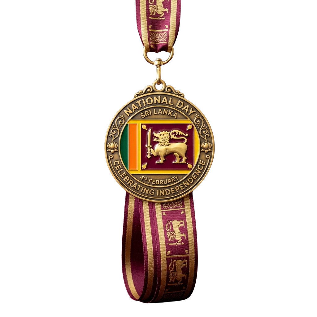 Gold medal with Sri Lanka flag and lion emblem commemorating National Day on 4th February.