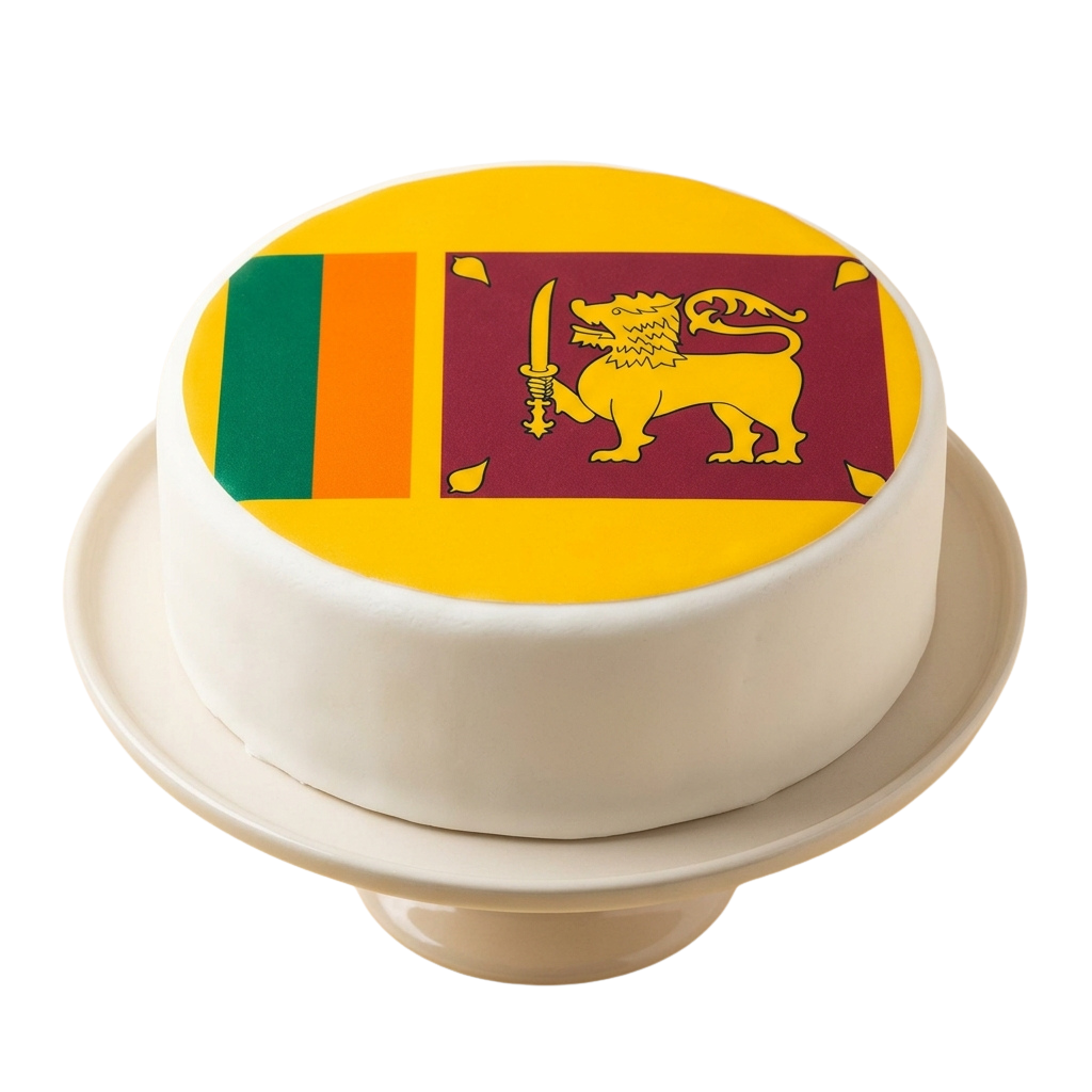 Round cake topper displaying the Sri Lanka flag with a golden lion emblem on a maroon background.