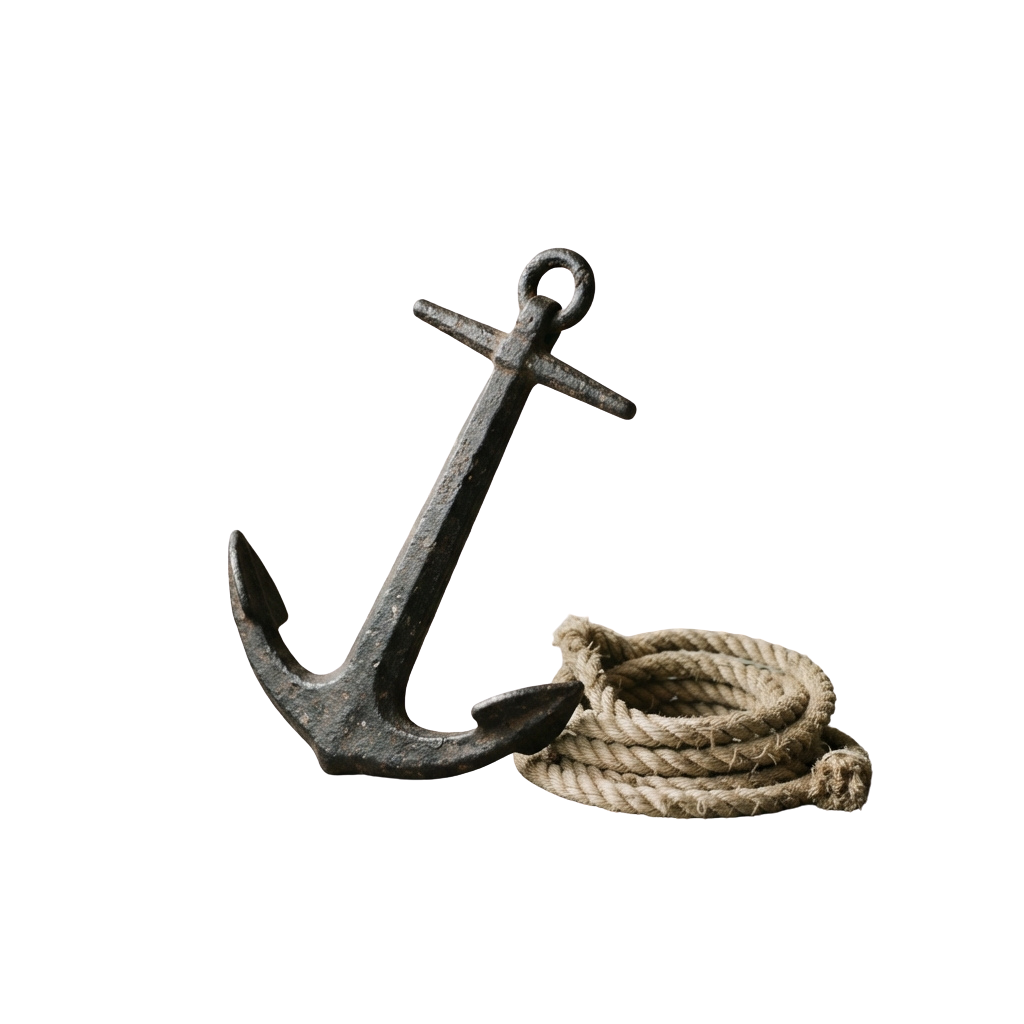 A black metal anchor with a coiled rope beside it on a dark background