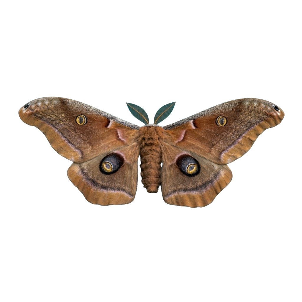 A close-up of a Luna moth with large brown wings featuring distinctive eye-spots and a green leaf antennae attachment.