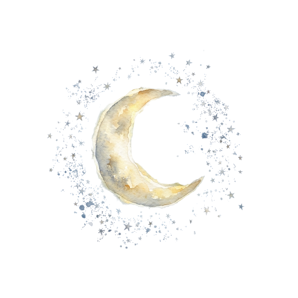 A glowing crescent moon surrounded by small stars and sparkles on a dark background