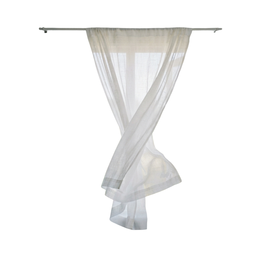 Sheer white twisted drapery hanging from a horizontal rod against a dark background