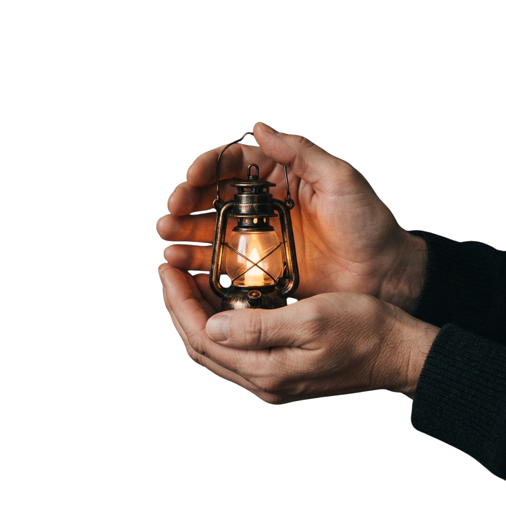 Two hands gently holding a small lit oil lantern emitting warm light.