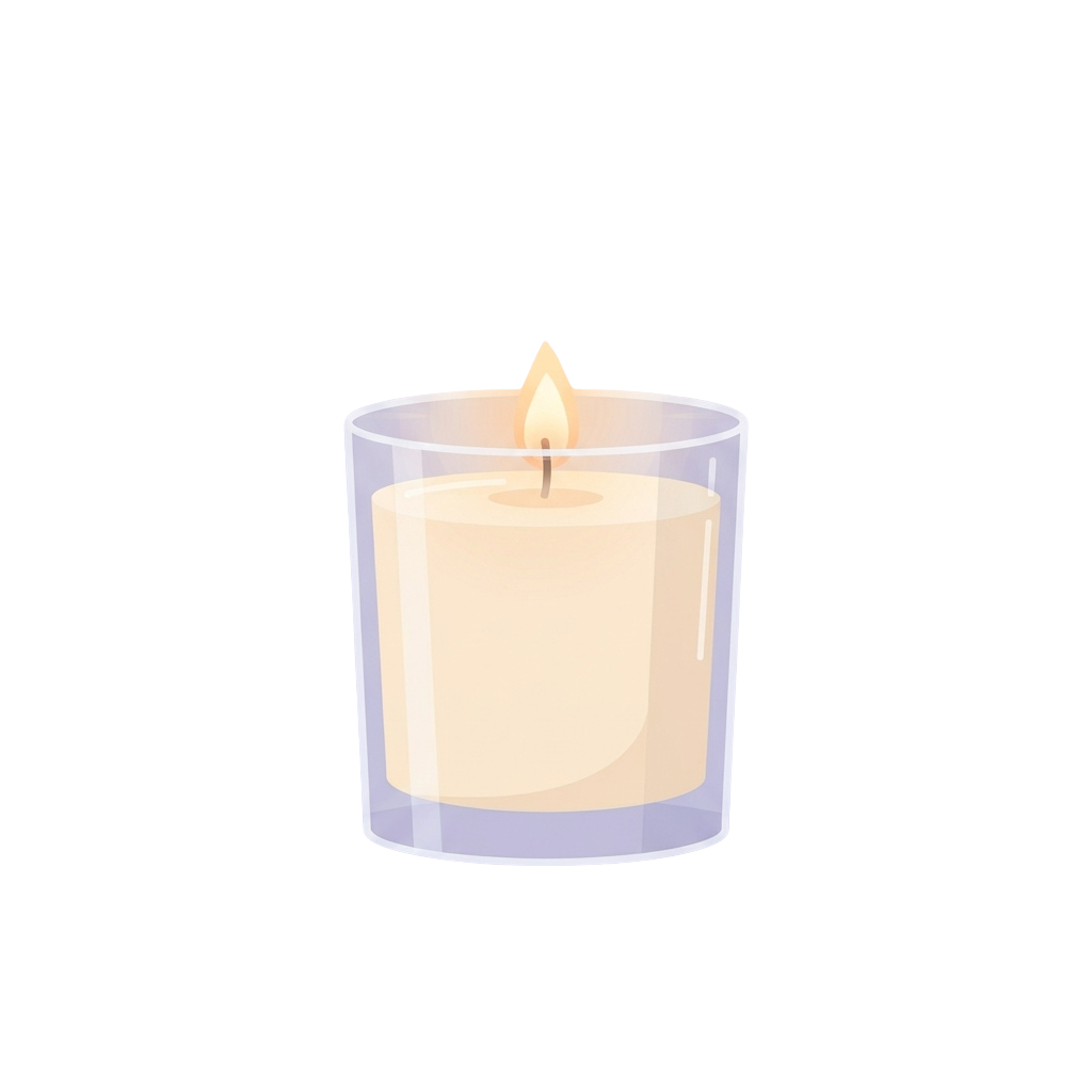 A lit candle inside a clear glass container with a soft yellow flame.