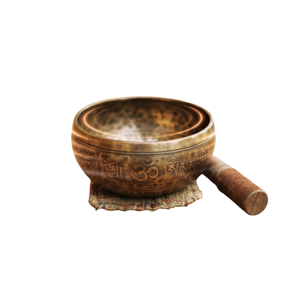 A brass Tibetan singing bowl with Om symbols and a wooden striker on a fabric base