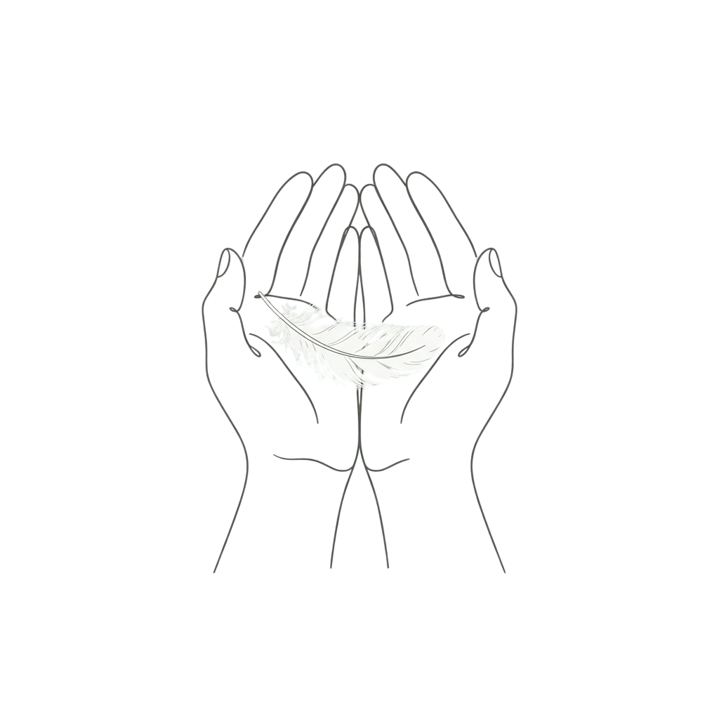 Two hands gently holding a white feather against a black background