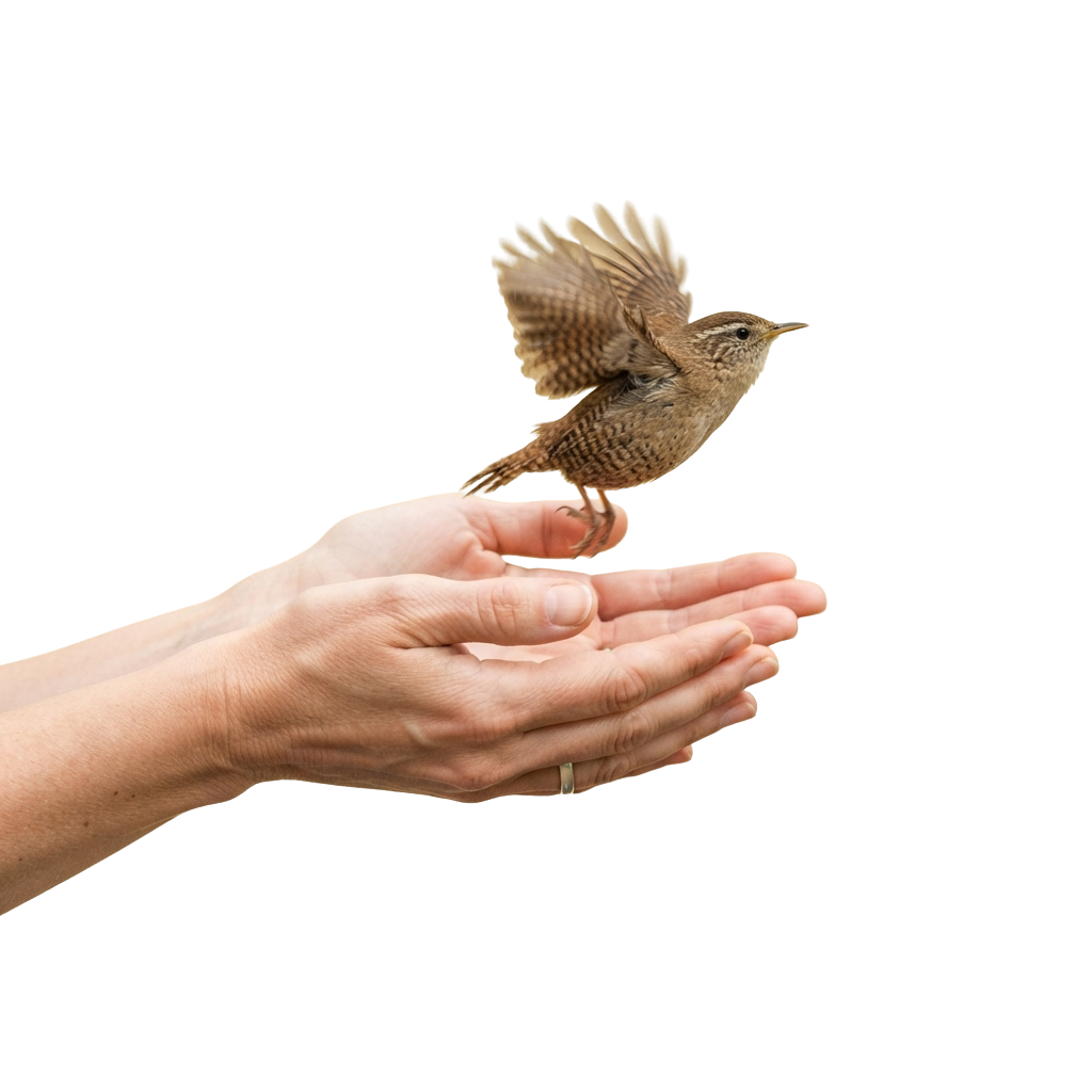 A person’s hands gently holding a small bird with spread wings against a black background.
