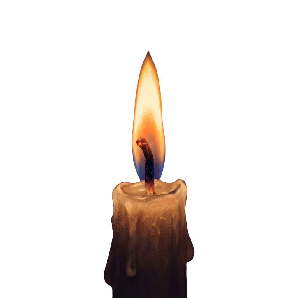 A single candle with a bright yellow and blue flame burning against a dark background