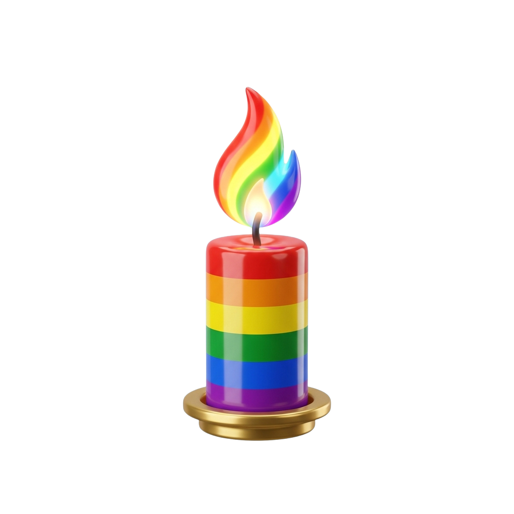 A lit candle with a rainbow-colored body and a multicolored flame against a black background