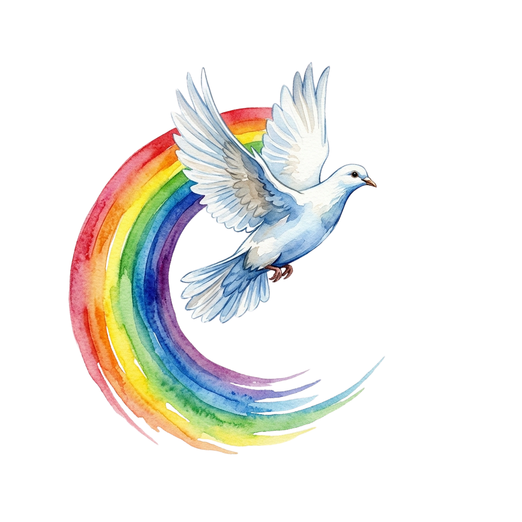 A white dove in flight with wings spread, positioned above a colorful rainbow arc on a dark background