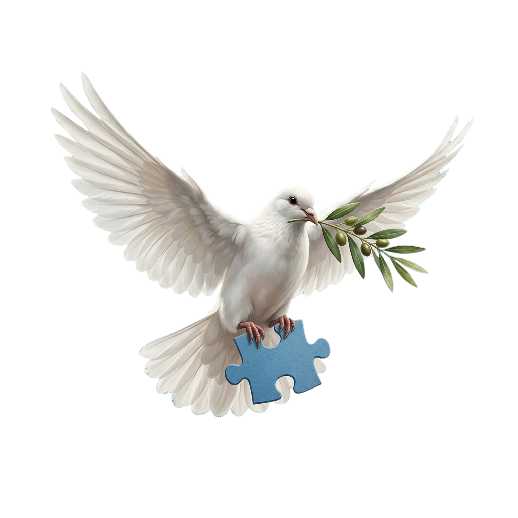 A white dove in flight holds an olive branch in its beak while perched on a blue puzzle piece