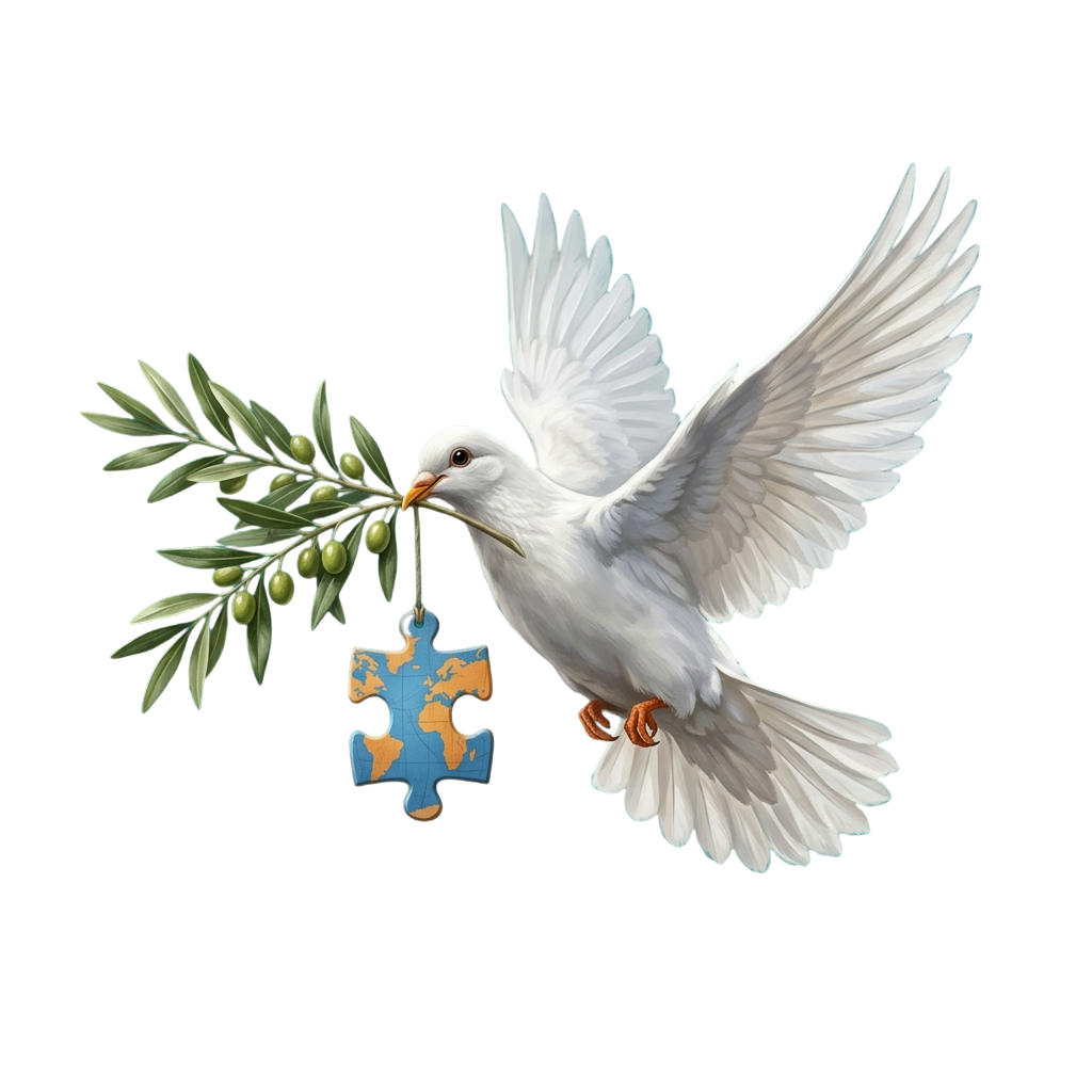 A white dove in flight holding an olive branch and a puzzle piece against a black background