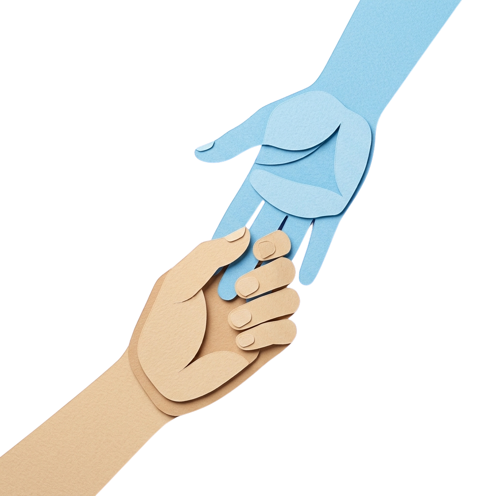 Illustration of a human hand holding a robotic hand in a handshake gesture