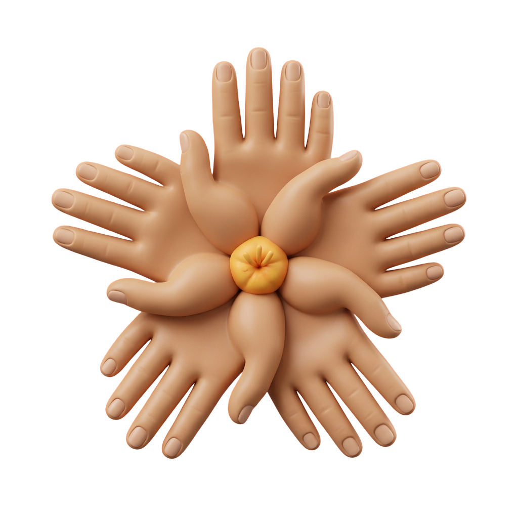 Eight light-skinned hands arranged in a circle around a small orange center