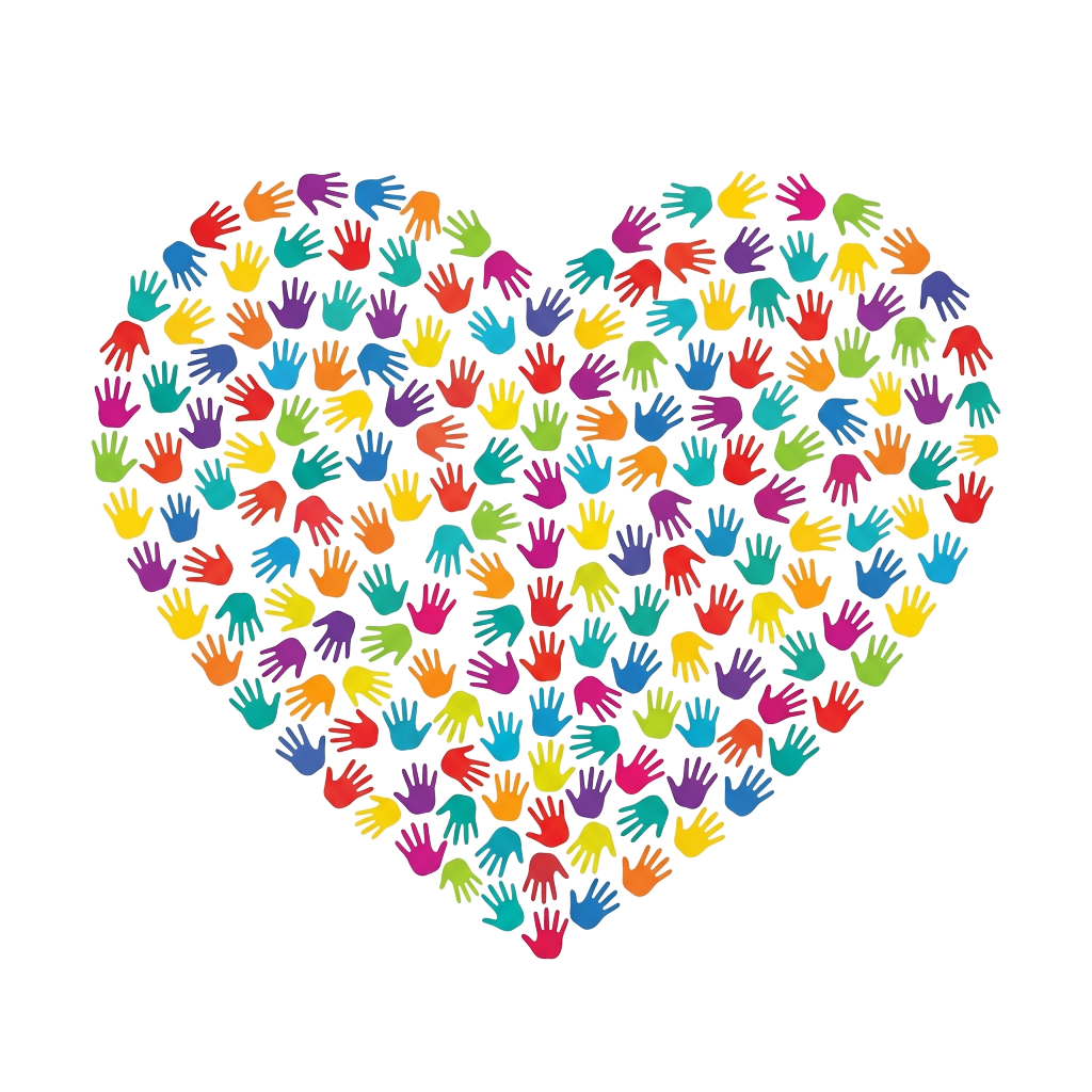 A heart shape composed of many colorful raised hand icons against a black background