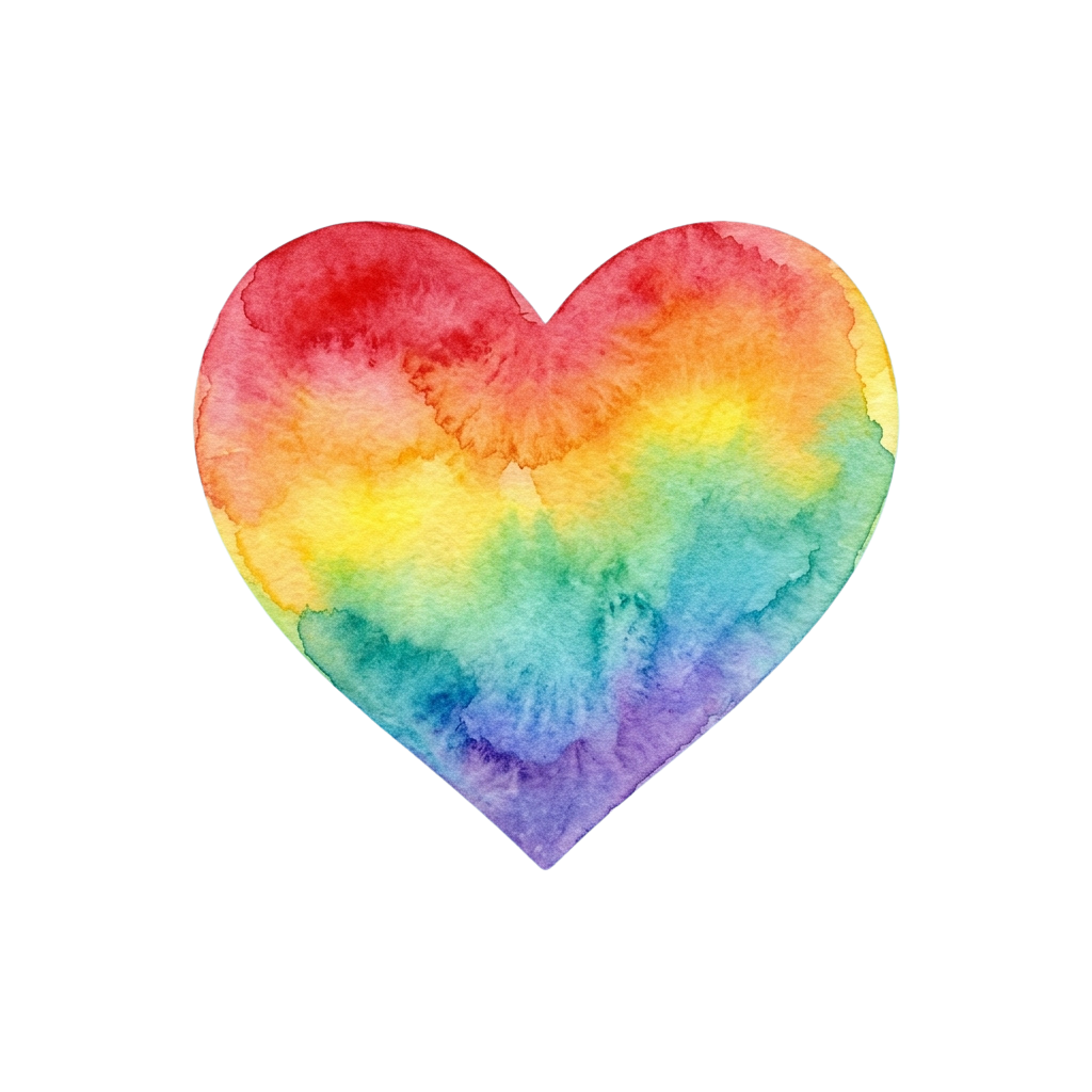 A heart shape filled with blended rainbow watercolor shades on a black background