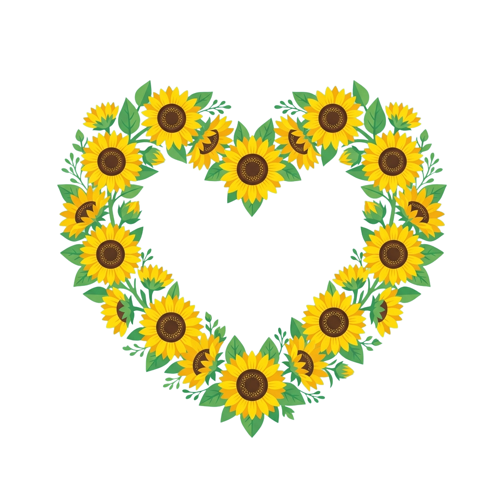 A heart shape formed by yellow sunflowers with green leaves on a black background