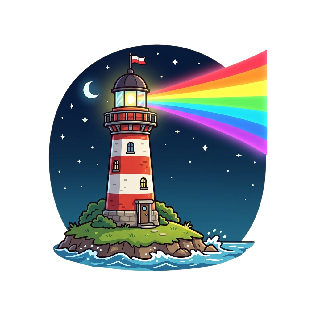 Illustration of a colorful lighthouse on a small island at night, emitting a rainbow beam into a starry sky
