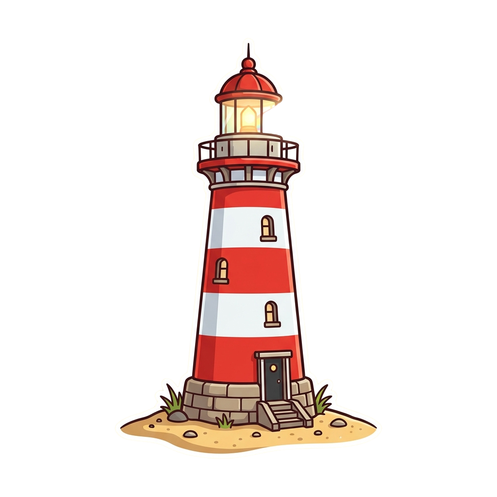 Cartoon-style lighthouse with red and white stripes, small windows, and a red dome roof on a rocky base