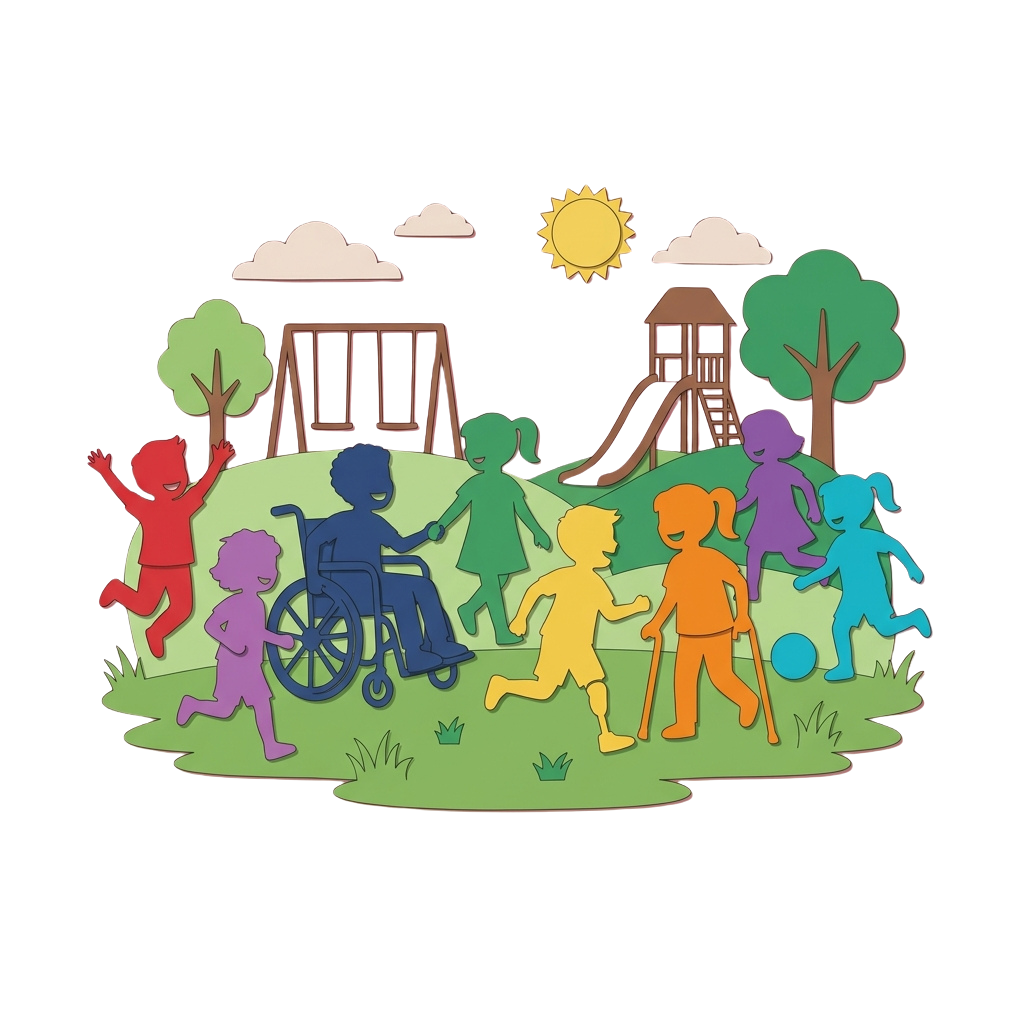 Colorful illustration of diverse children playing together in a park with accessible features