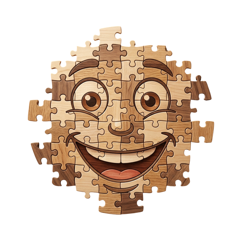 A smiling face made from wooden puzzle pieces with big eyes and a cheerful expression