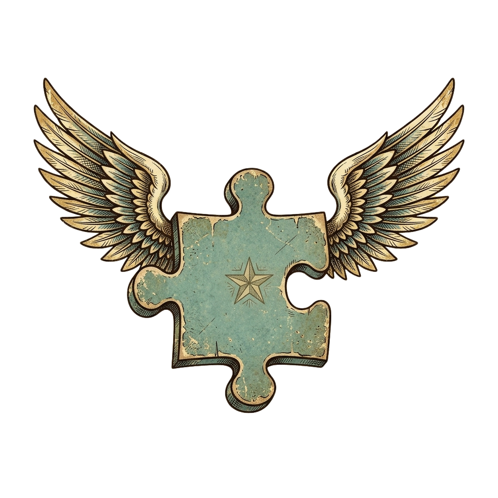 A puzzle piece with wings and a star, styled in an antique, vintage aesthetic