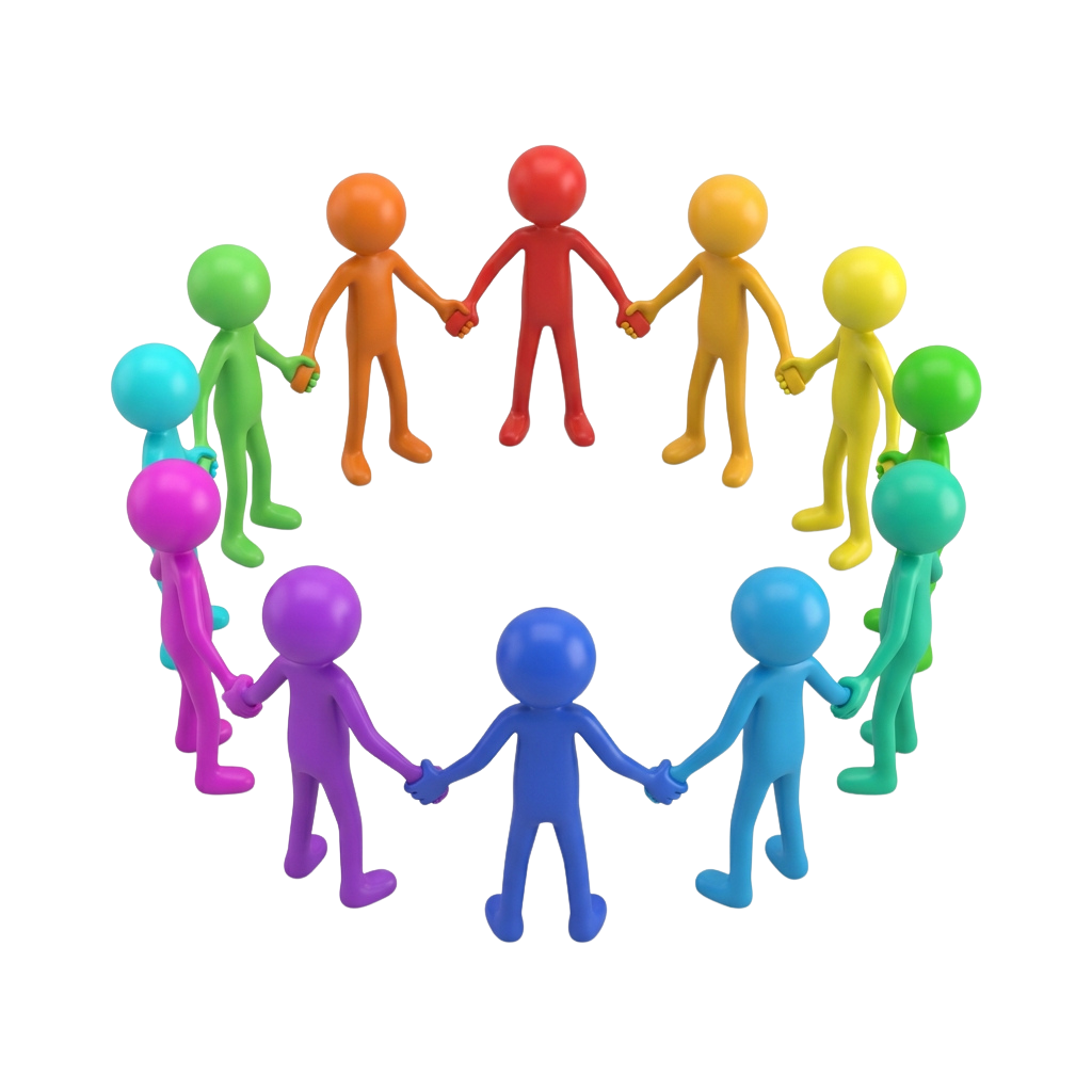 Twelve colorful 3D human figures holding hands in a circle formation