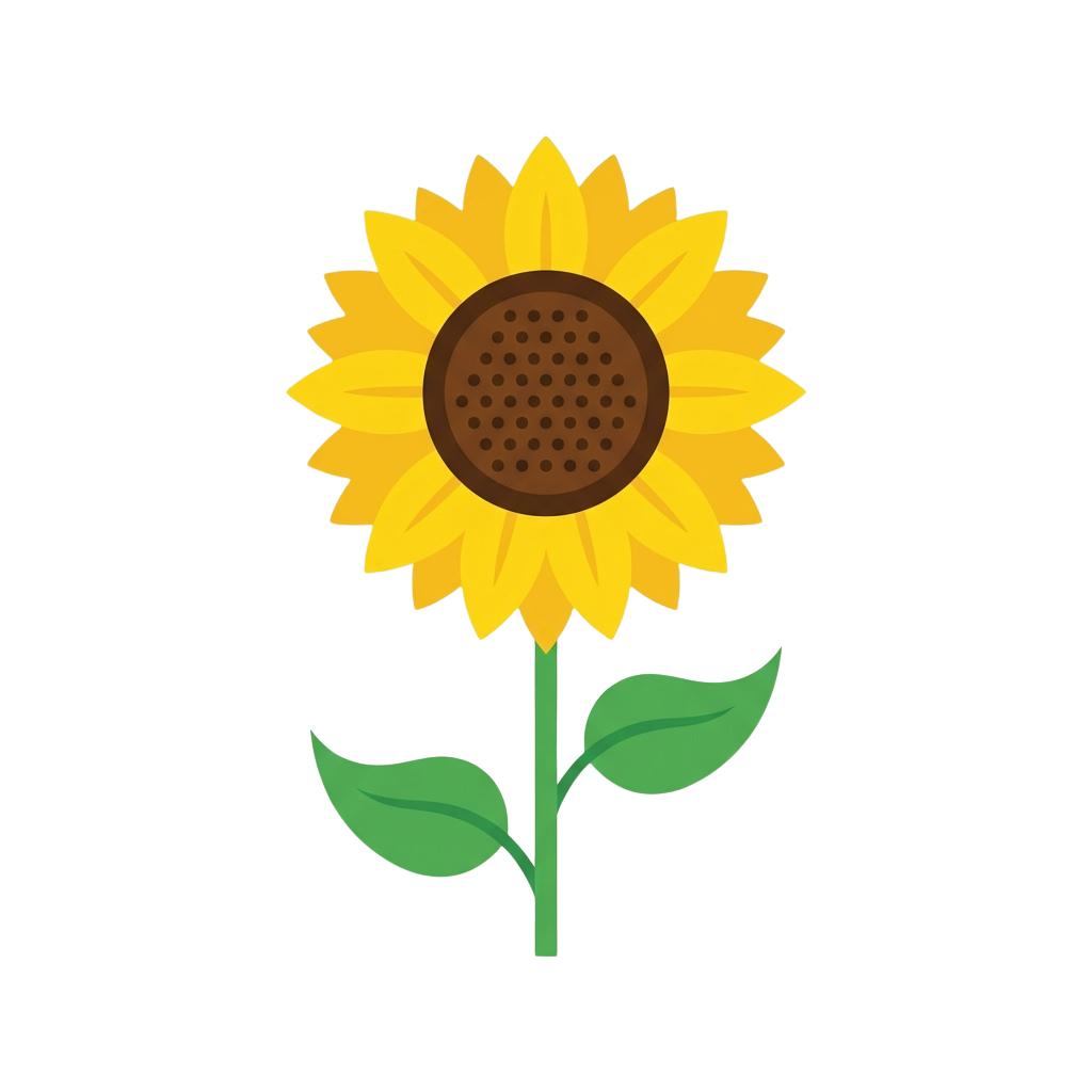 Illustration of a cheerful sunflower with yellow petals and a brown center, standing on a green stem with two leaves