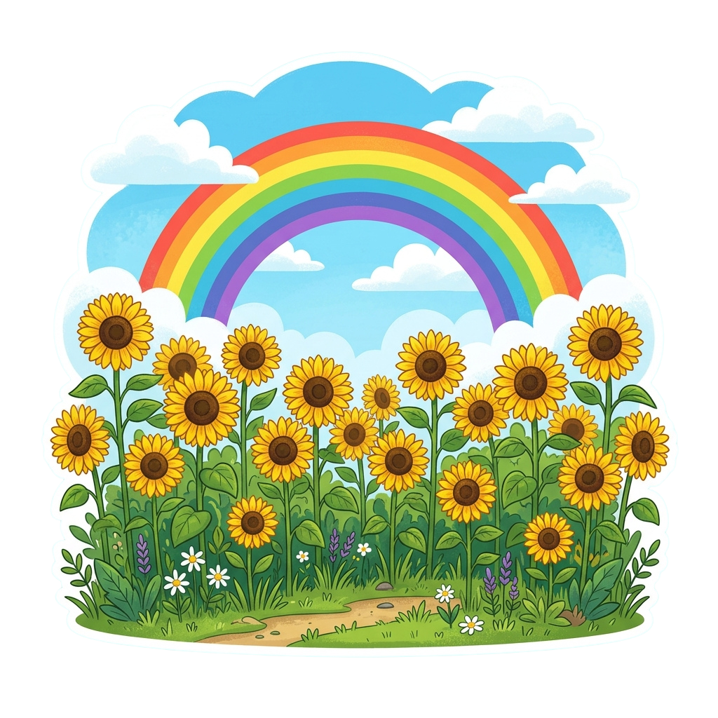 A cheerful illustration of sunflowers under a bright rainbow in a lush green field with a blue sky and fluffy clouds
