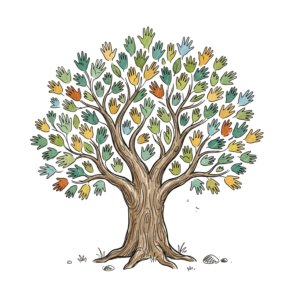 A tree with colorful handprints as leaves symbolizing unity and diversity