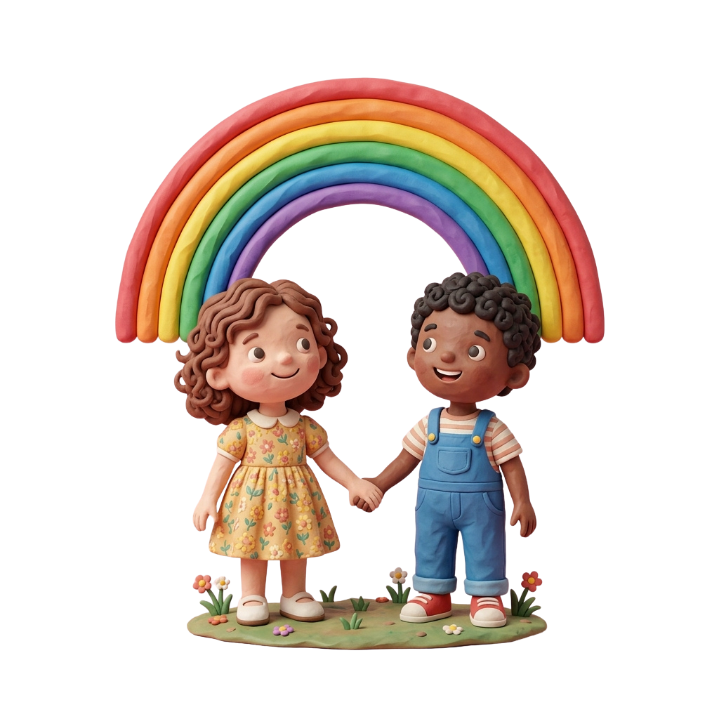 Two smiling children holding hands under a vibrant rainbow with flowers at their feet