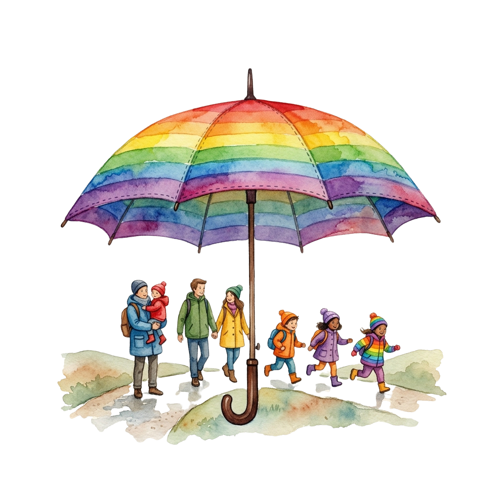 A rainbow-colored umbrella sheltering a family walking on snow-covered ground